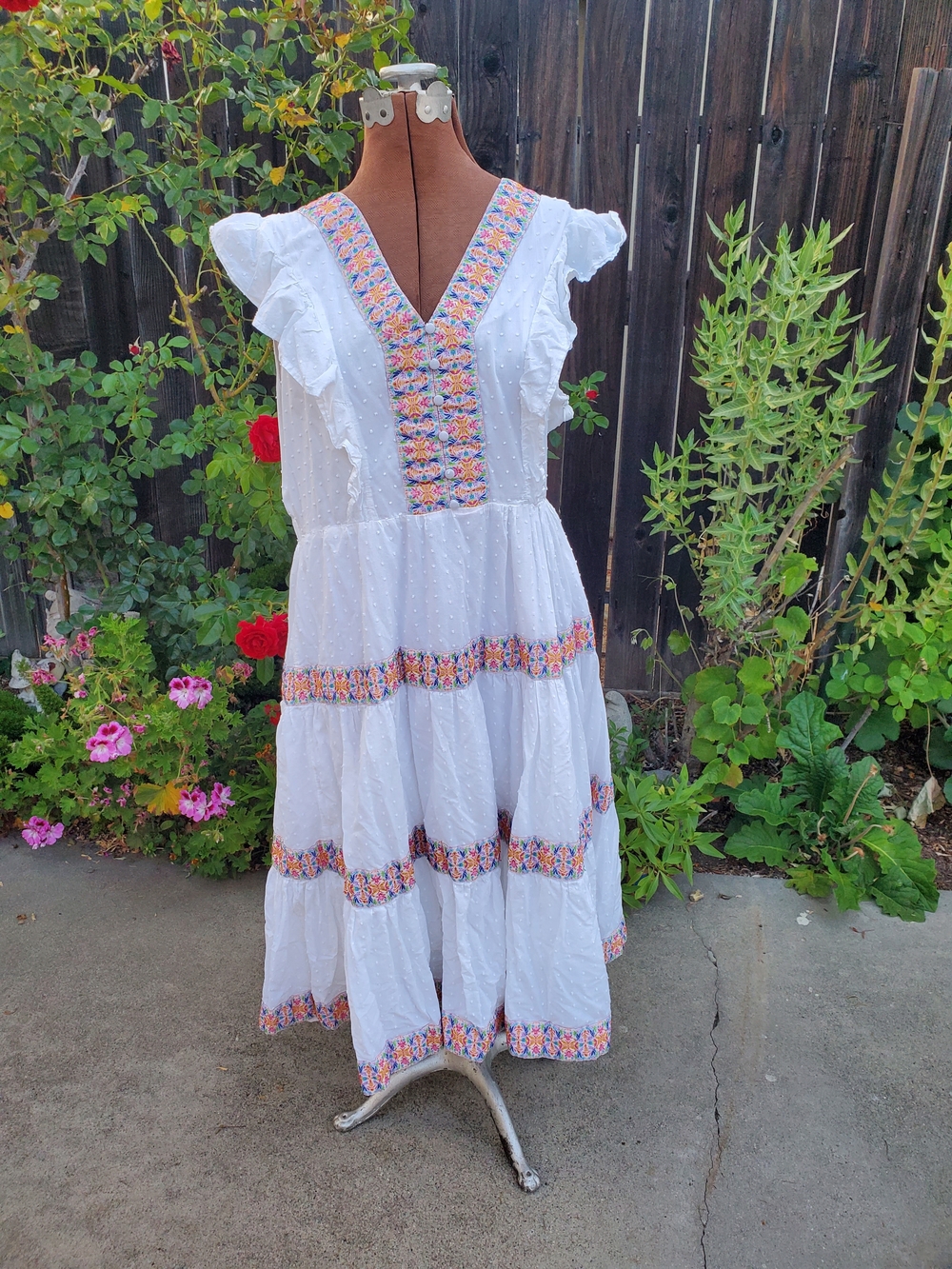 Disney Encanto Dress White Tiered Midi Dress with Multicolor Embroidered Trim